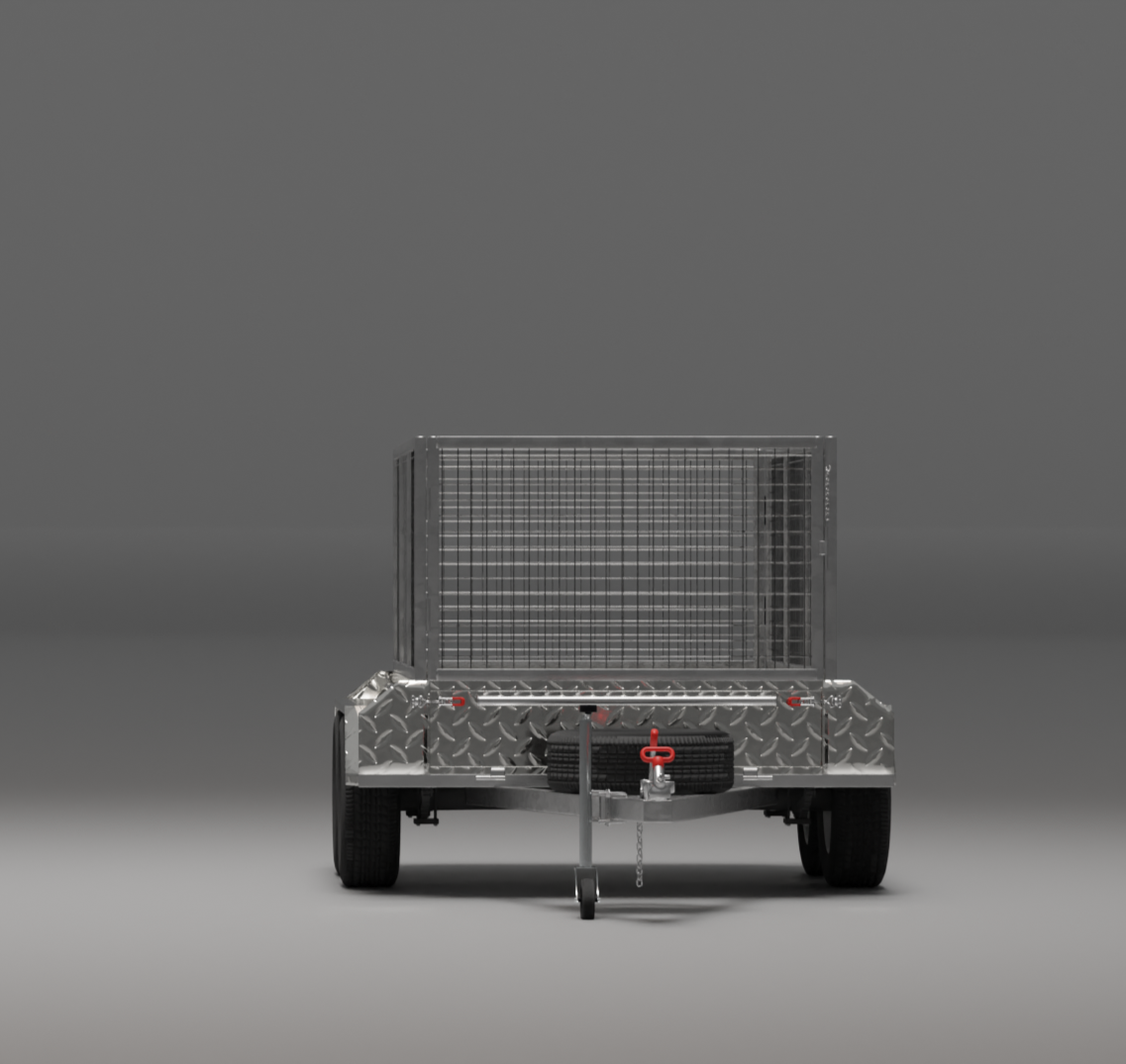 8x5 standard trailer with a protective cage, front view emphasizing secure load transport and reliability.