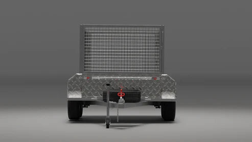 Front view of an 8x5 trailer with a heavy-duty cage, highlighting its robust construction and ample loading capacity