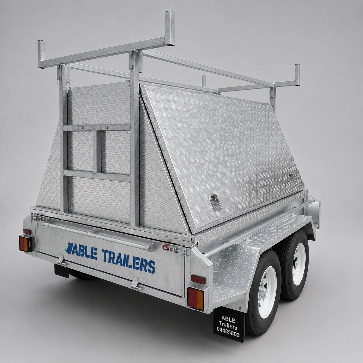 Able Trailers 7x4 Tradie Top Trailer 750kg SA. Great for tradies looking to transport their goods in a secure, dry environment. aluminium tradie top trailer, aluminium trailer, enclosed trailer, covered trailer, alulminium checkered plate. trailer storage, trailer organisation, trailer additions, trailer compartments