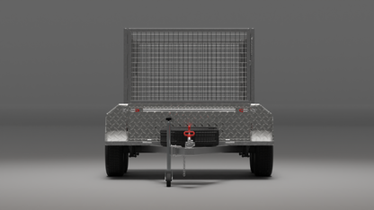 8x5 heavy-duty trailer with a cage with a 2000kg capacity, front view highlighting its strong and reliable construction