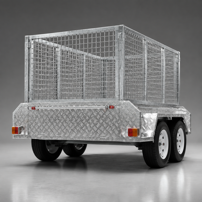 8x5 box trailer with cage, 750kg carrying capacity, hot dip galvanised, heavy duty all-purpose trailer. Ideal for work, moving furniture, camping, gardening, rubbish trips to the tip, tradies and construction. Dual Axel box trailer tandem axel box trailer