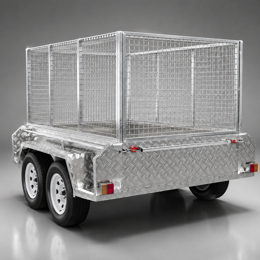 8x5 box trailer with cage, 750kg carrying capacity, hot dip galvanised, heavy duty all-purpose trailer. Ideal for work, moving furniture, camping, gardening, rubbish trips to the tip, tradies and construction.