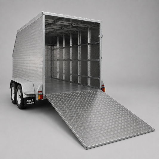 Able Trailers 10x5 Tall Enclosed Trailer 2000kg. Hot dip galvanised frame and base, aluminium top aluminium cover, secure and sunlight-free transport, dual braked, box chassis, enclosed box with a box tubing inner structure