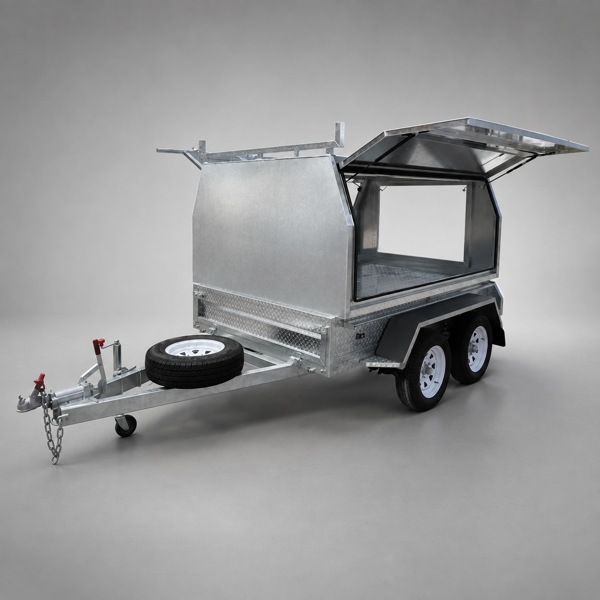 Able Trailers 8x5 Trailer Fitted With Canopy for everyday needs. Work trailer, multi-purpose trailer. Trailer canopy for sale in Perth, trailer cover with doors. Aluminium trailer canopy, hot dipped trailer base
