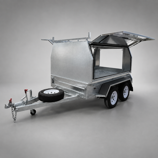 Able Trailers 8x5 Trailer Fitted With Canopy for everyday needs. Work trailer, multi-purpose trailer. Trailer canopy for sale in Perth, trailer cover with doors. Aluminium trailer canopy, hot dipped trailer base