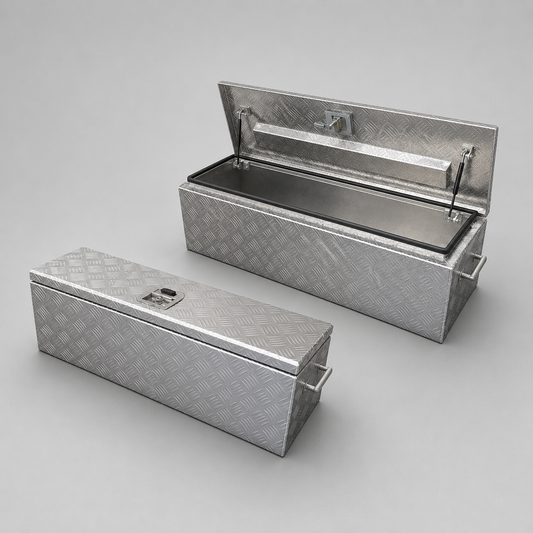 Able trailers Toolbox for trailer 1200L/400W/350H Top Door. Heavy duty and perfect for tradies, work, storage, organisation, tools, power tools. Heavy duty and perfect for tradies, work, utility, storage, organisation, tools, power tools.  Aluminium checkered plate, boat storage, equipment storage, fishing storage, fishing equipment storage 
