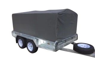 Front view of an 8x5 trailer with a grey 18g canvas cover, showcasing its weather-resistant protection and secure fit