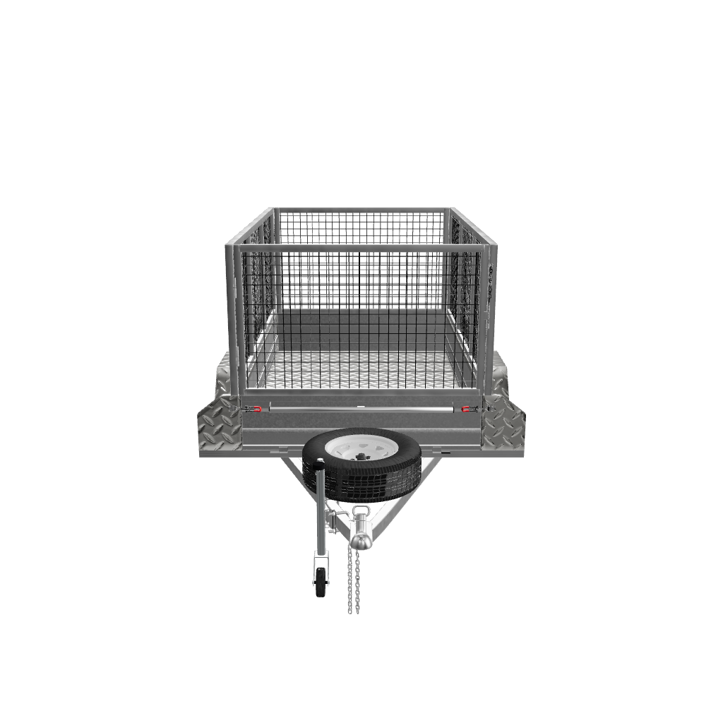 Front view of an 8x5 trailer with a sturdy cage attached, showcasing its spacious loading area and durable construction