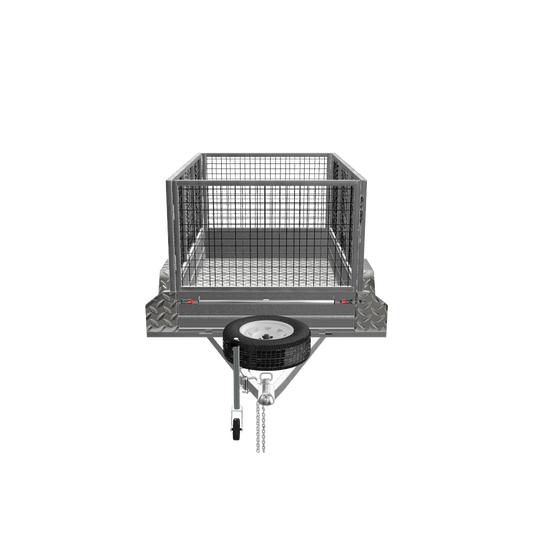 Front view of an 8x5 trailer with a sturdy cage attached, showcasing its spacious loading area and durable construction