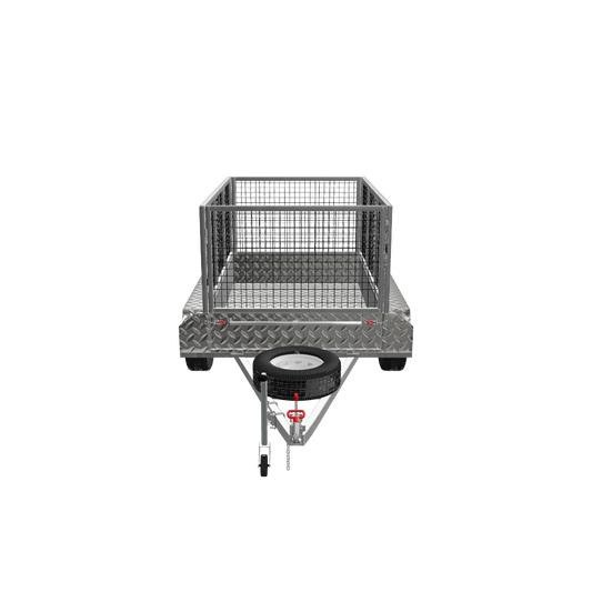 Front view of an 8x5 standard trailer with a durable cage, ideal for secure cargo transport and versatile us